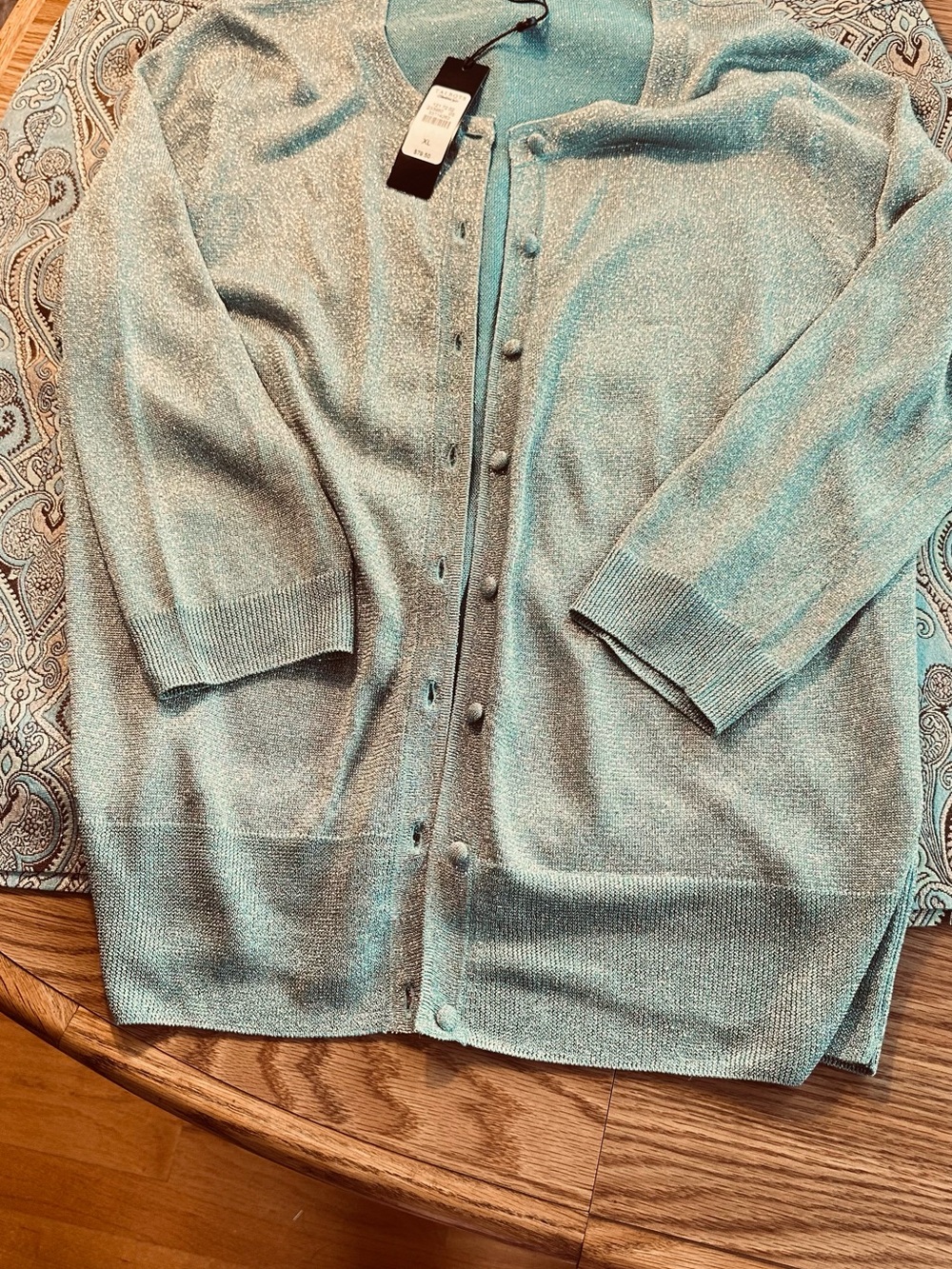 Talbots NWT skirt 18WP, & 2piece sweater set XL, sparkly gold, blue, & beige - Picture 8 of 14